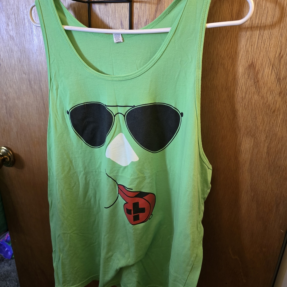 Green Graphic Tank Top with Sunglasses & Tongue Design